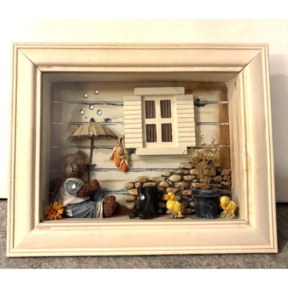 Vintage 3-D Bear In the Rain Shadow Box  Adorable  #3337
